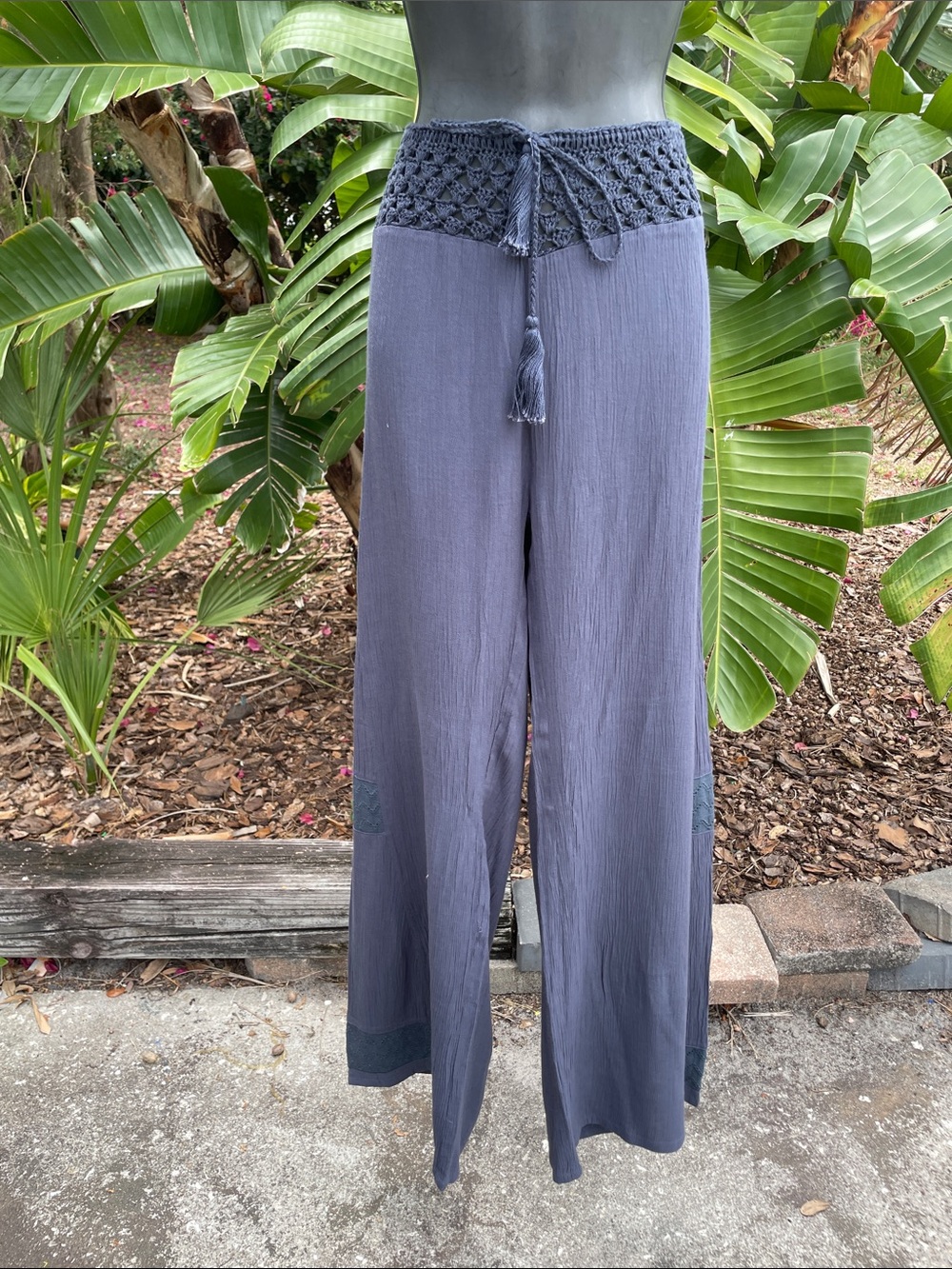 crochet waste wide leg, bohemian pants